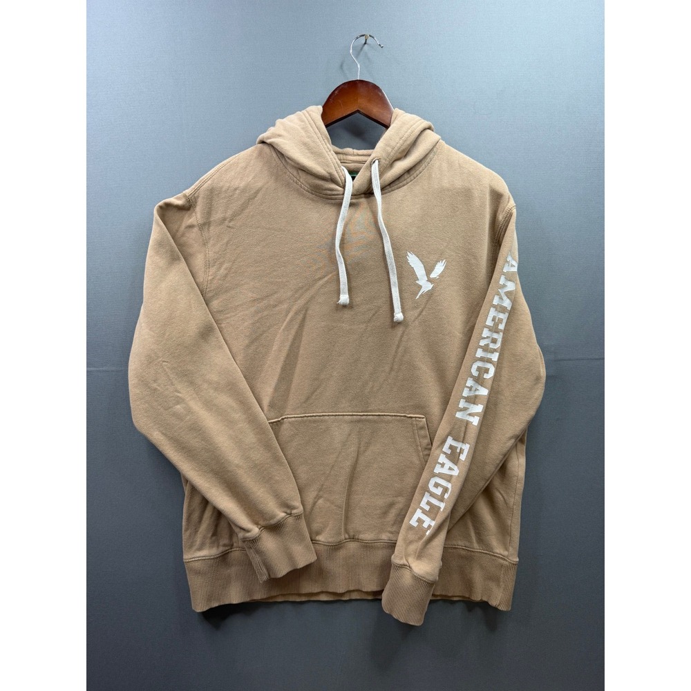 American Eagle Hoodie Mens Tan Graphic Sleeve Logo Pullover Large